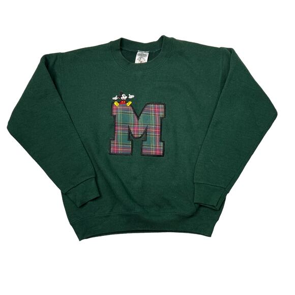 Disney VTG 90s Mickey Mouse Plaid Collegiate Crewneck Sweatshirt Green Youth Lg - Picture 1 of 5